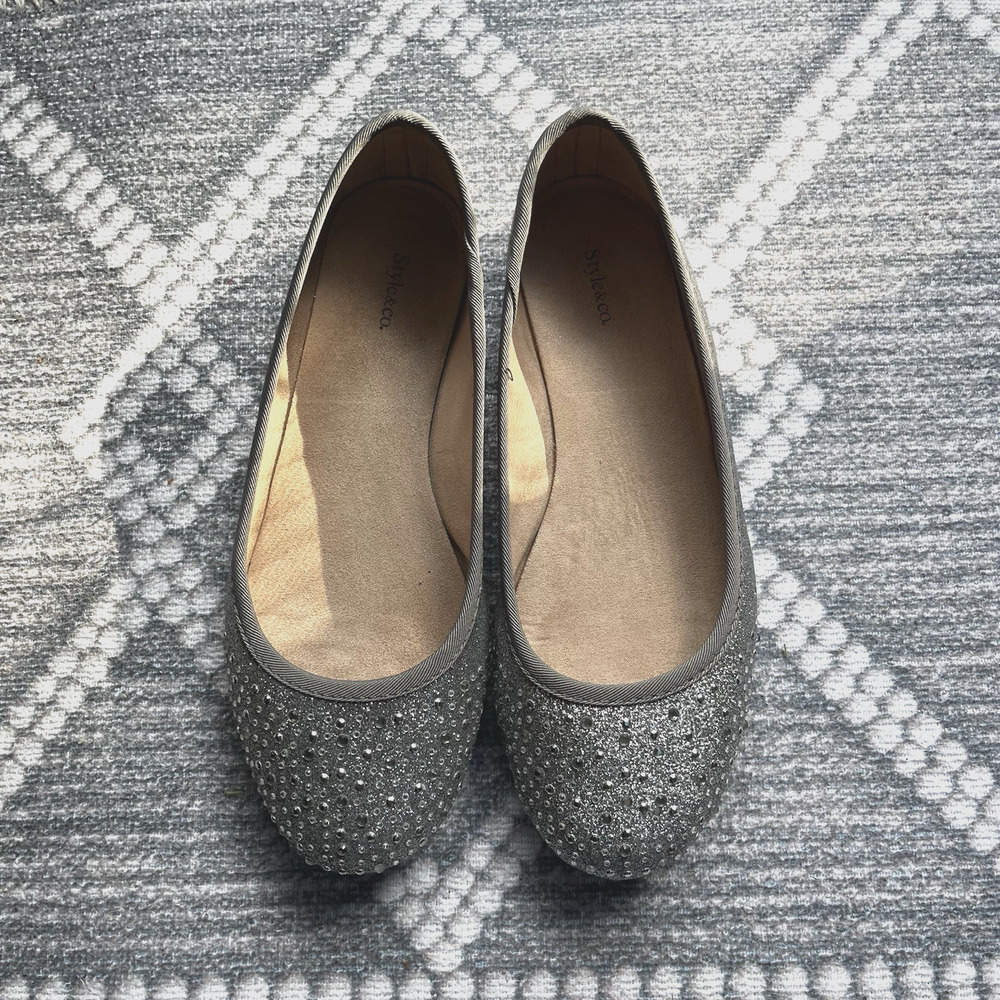 Style & Co Women's Silver Glitter Rhinestone Ballet Flats – Size 6.5M